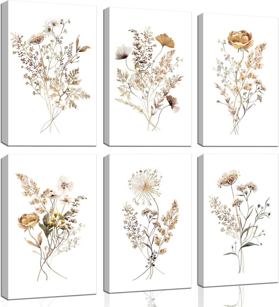 6Pcs Watercolor Flower Wall Art Colorful Wildflowers Canvas Botanical Prints Neutral Floral Poster Neutral Vintage Picture Boho Painting Minimalist Bouquet Wall Decor for Living Room Bedroom Framed (yellow)
