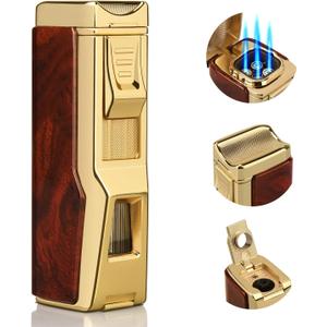 Torch Lighter, 4 Jet Flame Lighter Refillable Butane Windproof Lighter Gift for Men Women (Mahogany, Without Gas)