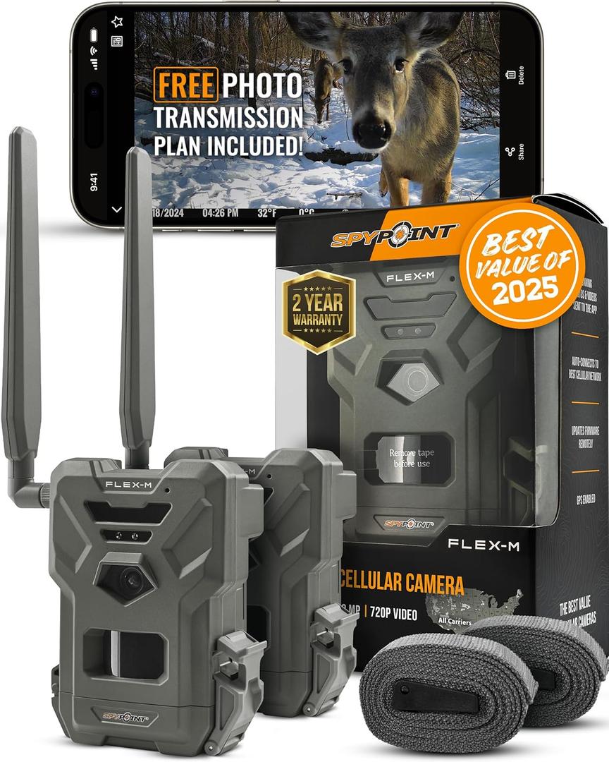 SPYPOINT FlexM Twin Pack Cellular Trail Cameras Best Hunting Accessories, No WiFi Needed, GPS, Night Vision, DualSim LTE, IP65 WaterResistant Game Camera, 28MP Photos, 720p Videos + Sound (2), Pack of 2