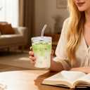 13oz Glass Tumbler with Straw and Lid, Leak Proof Iced Coffee Cup, Thick Wall BPA Free Drinking Glass Water Cups for Iced Coffee, Matcha, Smoothie and Travel-(Clear-2pack)