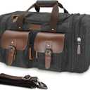 Wildroad 50L Travel Duffel Bag, Expandable Waxed Canvas Genuine Leather Duffle Bag Upgraded Overnight Weekender Bag Carry on Bag (Vintage Black, Large-50L)