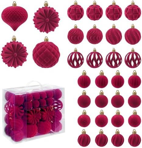 Velvet Christmas Balls 48pcs Flocked Christmas Tree Ornaments Set Shatterproof Christmas Ornaments with Hanging Rings Suitable for Xmas Tree Holiday Decor (Wine Red)