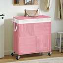 WOWLIVE Double Laundry Hamper with Lid, Handwoven Rolling Laundry Basket with Wheels, 115L Dirty Clothes Hamper with Removable Liner Bag Large Capacity Laundry Sorter Laundry Room Organization,Pink