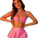 FYMNSI Women Rave Outfits Halloween Musical Festival Costume PU Leather Lingerie Bra Briefs Skirt Headband for Party Dancing (Medium)