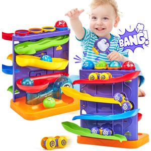 hahaland 2 in 1 Pound Ball Toy and Car Ramp, Durable Hammer & Ball Drop Toy, Cause and Effect Toddler Toys for 1 2 3 Year Old Boys Girls, 18 Month Baby Birthday Gift Ball Popper Track Toy