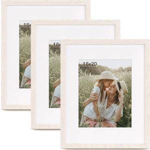 16x20 Picture Frame with Mat for 11x14 Set of 3, Rustic White Wood Grain 16x20 Frames for Wall Mounting (3 Pack, White)