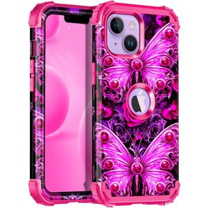 Miqala Compatible with iPhone 13 Case,iPhone 14 Case,Glow in The Dark Three Layer Heavy Duty Shockproof Hard Plastic Bumper+Soft Silicone Protective Case for iPhone 13/14 6.1 inch,All Purple