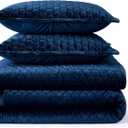 Tribeca Living Velvet King Quilt Set - Three-Piece Honeycomb Stitch Bedding, Super Soft 260GSM Velvet, Oversized Quilt and Two Sham Pillowcases, Navy Blue