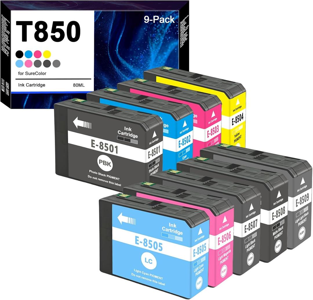 T850 Ink Cartridge Set T8501 T8502 T8503 T8504 T8505 T8506 T8507 T8508 T8509 for Epson SureColor P800 Printer (9-Pack)