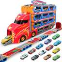 SYNCFUN Carrier Truck Race Track Toddler Toy - 8-FT Foldable 3 Layer Toy Truck with 12 Die-Cast Metal Racing Cars and Lights & Sounds Gift for 3 4 5 Years Old Boys and Girls-Blue