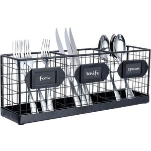 MyGift Wall Mountable Black Metal Utensil Holder Organizer, 15.7" Countertop Kitchen Silverware Flatware Caddy Holder Storage Basket with 3 Compartments and Chalkboard Labels