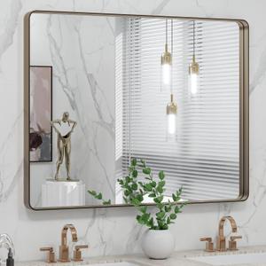 LOAAO 40X30 Bronze Bathroom Mirrors for Vanity, Rounded Rectangle Brushed Bronze Metal Frame Mirror, Anti-Rust, Tempered Glass, Hangs Horizontally or Vertically