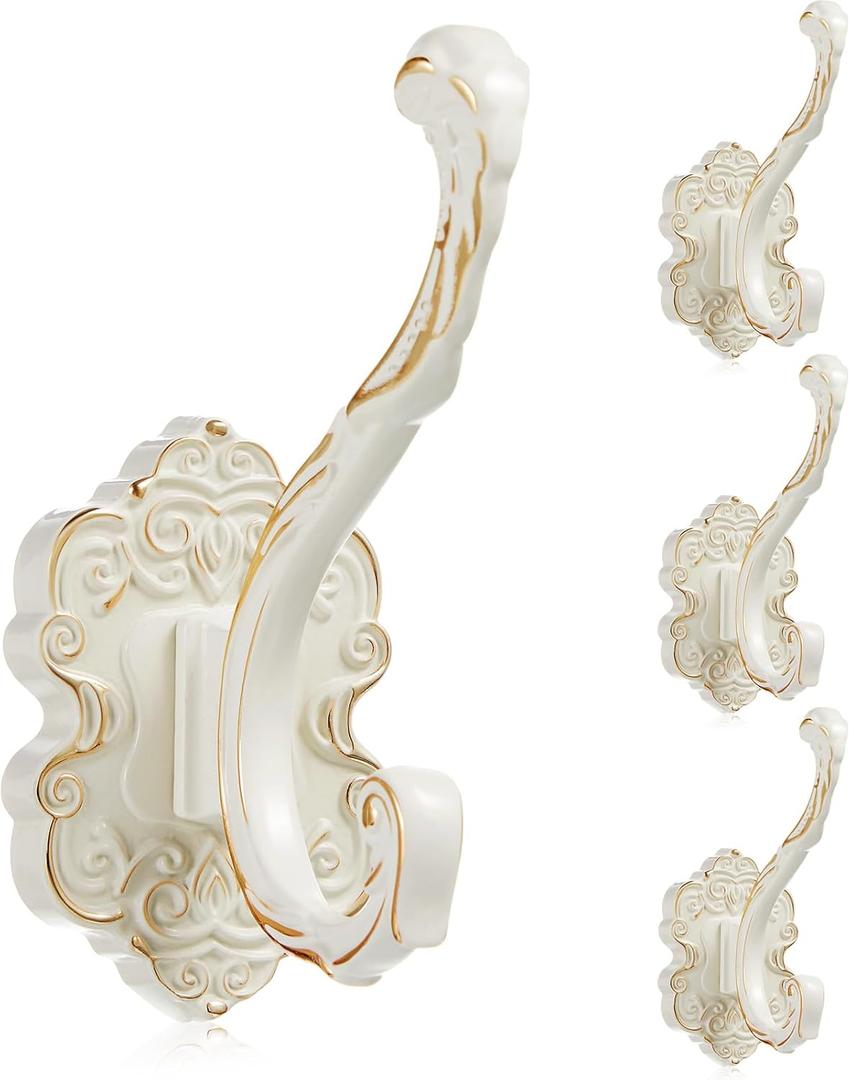 Zonon 4 Pcs White Vintage Coat Hooks Decorative Towel Hooks for Bathrooms Antique Wall Hook for Hanging Purse Hat Keys Clothes Heavy Duty Unique French Country Curtain Holder for Wall