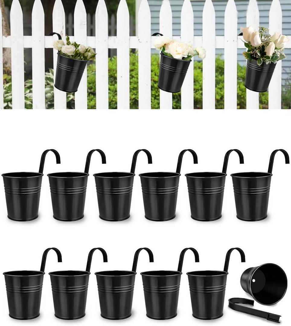 11 Pack Railing Planter for Outdoor Plants - 4 Inch Small Balcony Hanging Flower Pots with Detachable Hooks and Drain Holes Metal Oval Bucket Rail Box Fence Planters for Home Garden Decor, Black