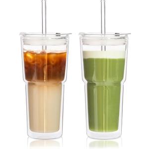 KEMORELA 2PCS 20oz Double Wall Glass Tumblers with Lids and Straws  Insulated Borosilicate Glass Matcha Cups for Iced Matcha Latte, Smoothies, Reusable Travel Glass Cups  Leak Proof 2-in-1 Lid