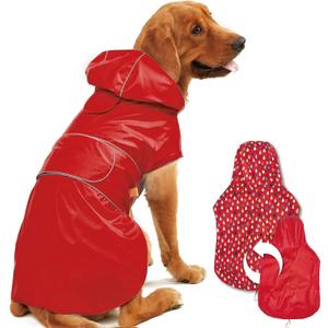Dog Raincoat Reversible, Single Side Slicker Poncho Adjustable Waterproof Dog Rain Jacket with Leash Hole/Reflective Stripe Hooded Snowproof Windproof Clothes for Small to 3X-Large Dogs, L (Red)