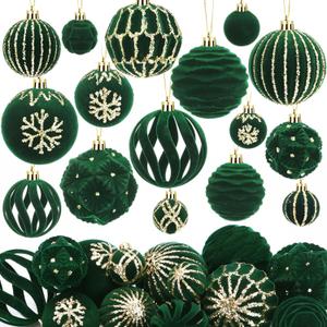 Soulchen 36 Pcs Hunter Green Velvet Christmas Balls Ornaments Set Flocked Shatterproof Plastic Christmas Ornaments Vintage Glitter Ball Decoration for Xmas Wreath Garland Mantle Stairs Railing