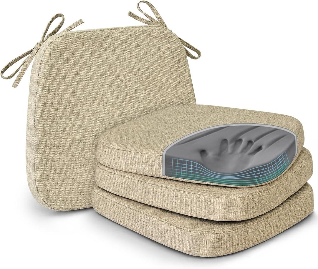 Shinnwa Dining Chair Cushions Set of 4, Patented Design Memory Foam Seat Cushions for Dining Chairs with Ties and Washable Cover, 4 Pack, 17" x 16" x 2", Natural Linen