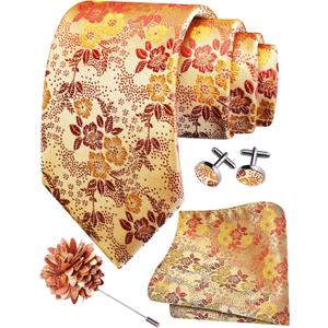 GUSLESON 3.15"8cm Mens Floral Tie and Lapel Pin Necktie Hankerchief Cufflinks Set for Men (Light Orange)