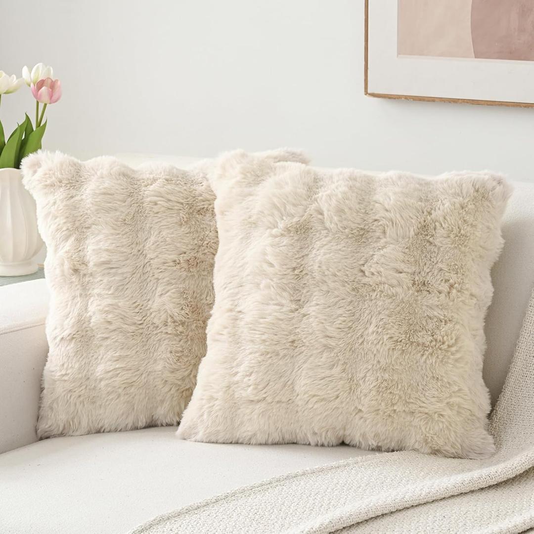 Volcanics Pack of 2 Thick Plush Faux Wool Decorative Throw Pillow Covers 18x18 Inch, Beige Soft Fluffy Faux Fur Cushion Covers for Sofa Bedroom Pillow Shell (18" x 18" (Pack of 2), Beige)