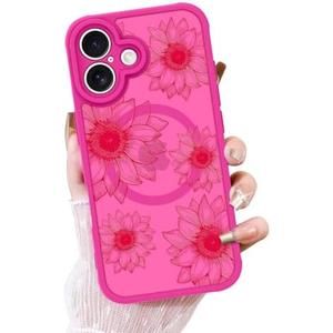 OOK Phone Case Design for iPhone 16 Case [Compatible with MagSafe], Cute Sunflower Floral Blooms Design Frosted Shockproof for Women Girls Magnetic Phone Cover - Hot Pink Flower