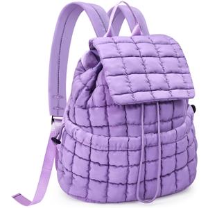 Quilted Puffer Backpack for Women Lightweight Soft Puffy Backpack Purse Casual Daily Drawstring Flap Daypack (Purple)