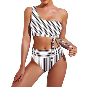 Pink Queen Women's One Shoulder High Waisted Bikini Set Two Piece Tie Ruched Swimsuit (White,Small)