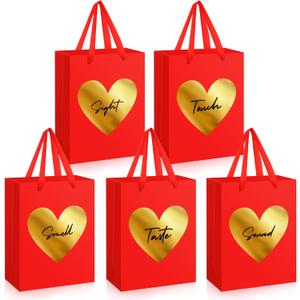 Kolldenn 5 Senses Gift Bags for Him Her 10. 6'' Valentine's Day Five Senses Gift Bags with Handles Smell Taste Touch Sight Sound Kraft Paper Present Wrappings for Valentine Wedding Birthday(Classic)
