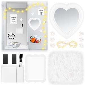 2 x 14 Pcs Locker Accessories Kit Back to School Essentials White Heart Mirror for School Locker, Whiteboard, Mini Locker Rug, and Organizing Supplies Backing for Girls in Middle School