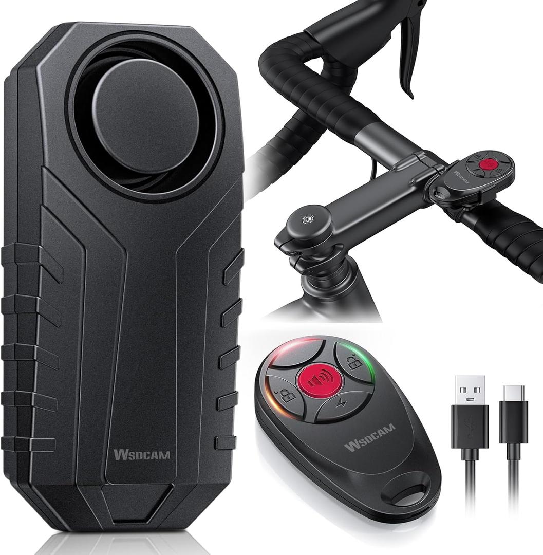 WSDCAM Upgraded Bike Alarm with Remote - 113dB Loud Anti-Theft Security Alarm, 197ft Remote Range, IP65 Waterproof, USB-C Rechargeable, Bike Horn & Locator for E-Bikes, Bicycles, Scooters, Motorcycles