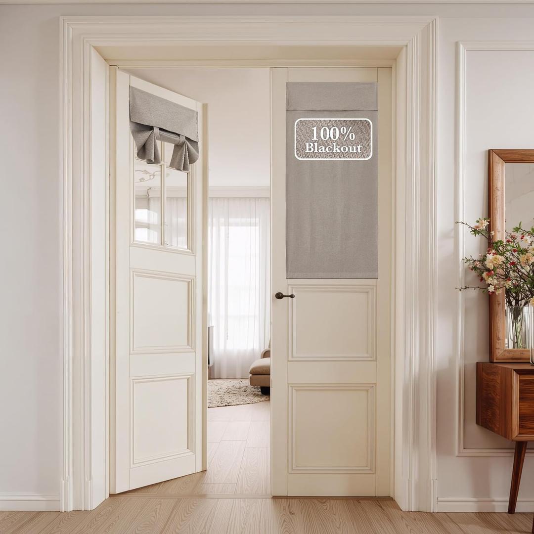 NICETOWN 100% Linen Blackout French Door Curtain for Window, Thermal Insulated Room Darkening Window Covering for Kitchen Office Nursery, Tie Up Shade for Privacy, 1 Panel, 26W x 40L, Taupe