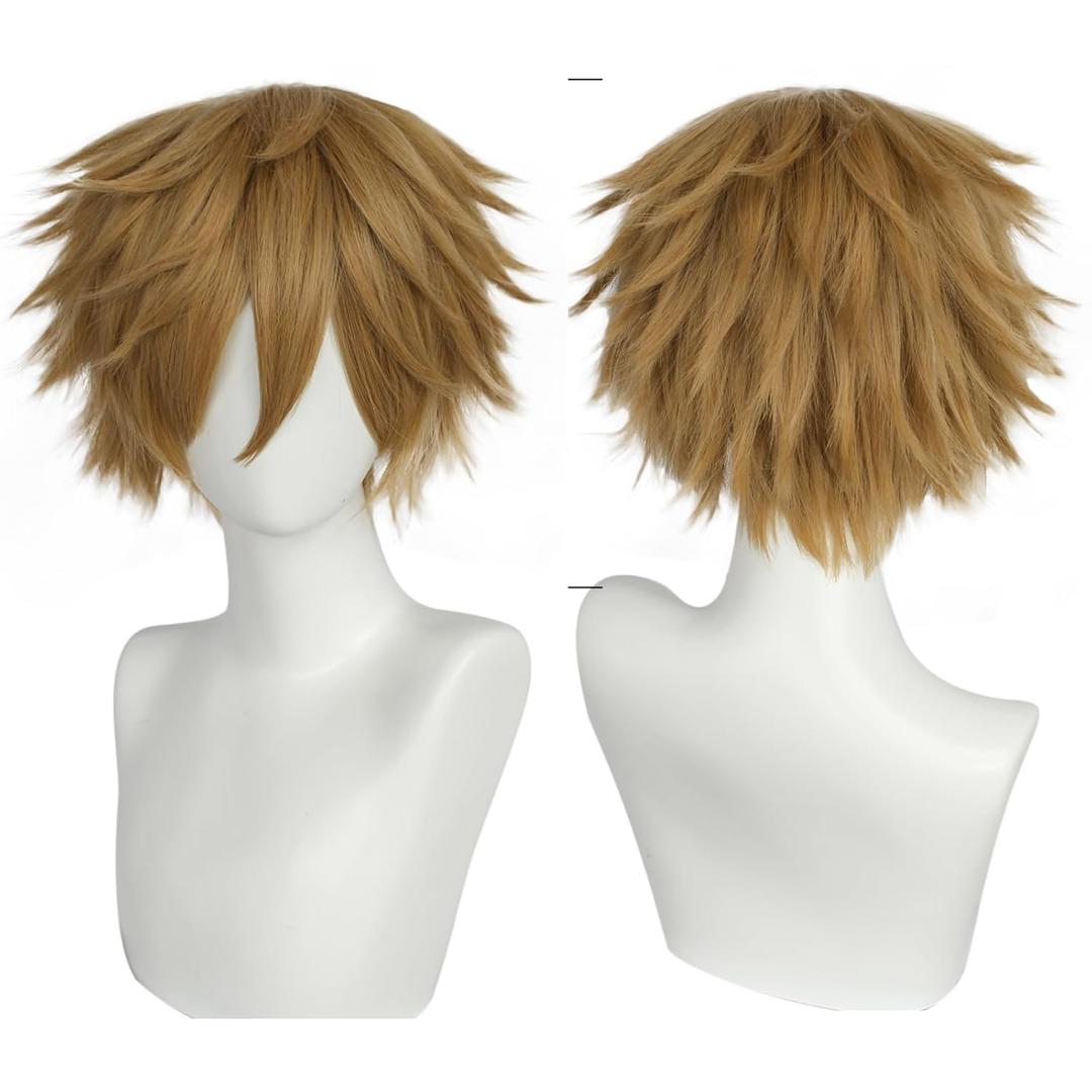 ANOGOL Hair Cap+Short Mix Gold Wigs for Men Golden Brown Cosplay Wig with Bangs Short Straight Wig Mix Honey Ash Blonde Male Wigs Gold Anime Hair Anime Outfit for Halloween Party Costume