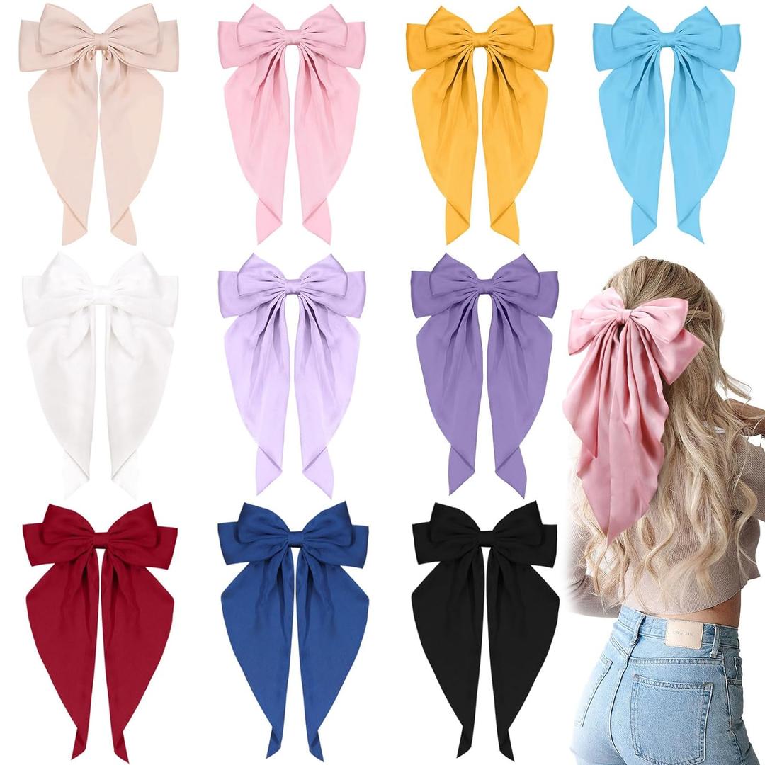 10 PCS Large Hair Ribbon Barrettes with Long Tails for Women & Girls, TOKUFAGU Vintage French Hair Accessories - Bow Clips in 10 Colors (Set A)