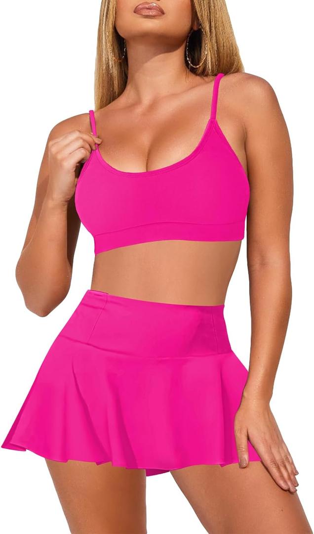 Pink Queen Women's High Waisted Bikini Set Two Piece Swimsuit Scoop Neck Spaghetti Straps Swim Skirt Bathing Suit (Medium)
