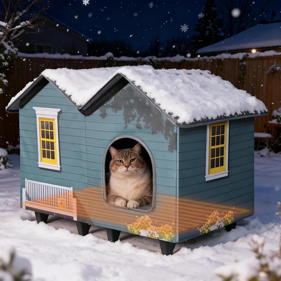 Heated Cat Houses for Indoor/Outdoor Cats with Elevated Heated Cat Bed Providing Safe Feral Cats, Easy to Assemble