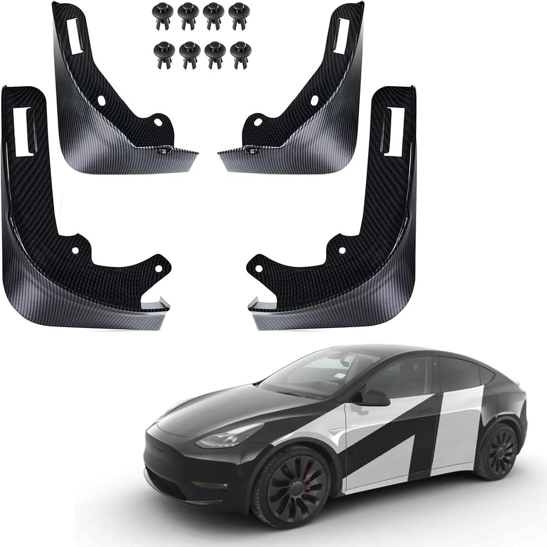 Mud Flaps for Tesla Model Y 2020 2021 2022 2023 2024 Splash Guards Front Rear Fender Protection Mudflaps No Need to Drill Holes (Set of 4, Matte ABS Carbon Fiber)