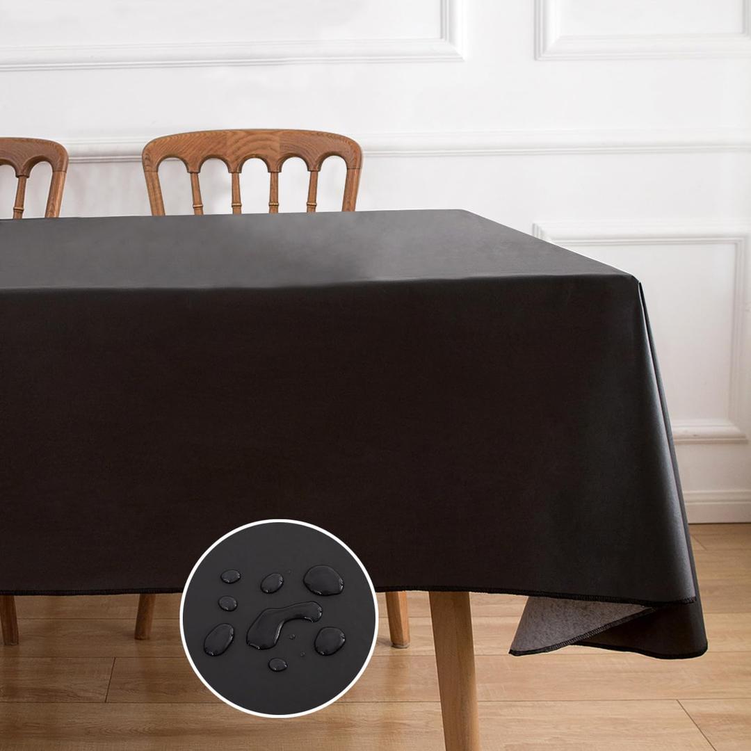 NLMUVW Vinyl Tablecloth with Flannel Backing 100% Waterproof Rectangle PVC Table Cloth Oil Proof Wipe Clean Table Cover for Dining Party Camping Outdoor, Black, 60 X 70 Inch
