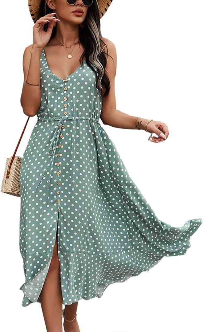 BROVAVE Women's 2025 Summer Casual Boho Sundress Polka Dot Spaghetti Strap V Neck Flowy Midi Dresses (Green)