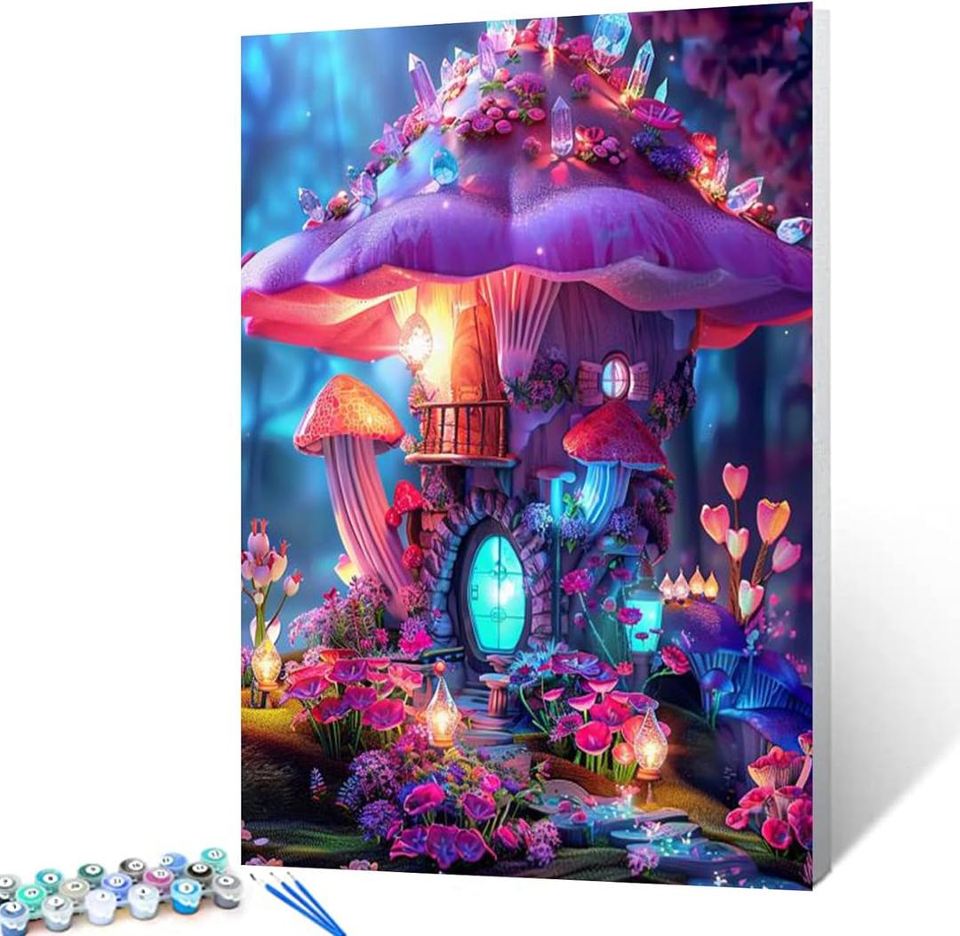 Oil Number Painting for Adults Colorful Mushroom House with Crystal Lights Paint by Number for Beginner With Brushes and Acrylic Pigment Fantasy Style Artwork for Home Decor Gift 16x20in (Frameless)