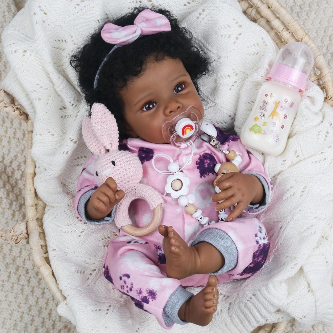 WOOROY Realistic Reborn Baby Doll Black Girl 18 Inch African American Newborn Baby with Soft Body, Lifelike Handmade Real Life Adorable Gift with Accessories for Kids Age 3+