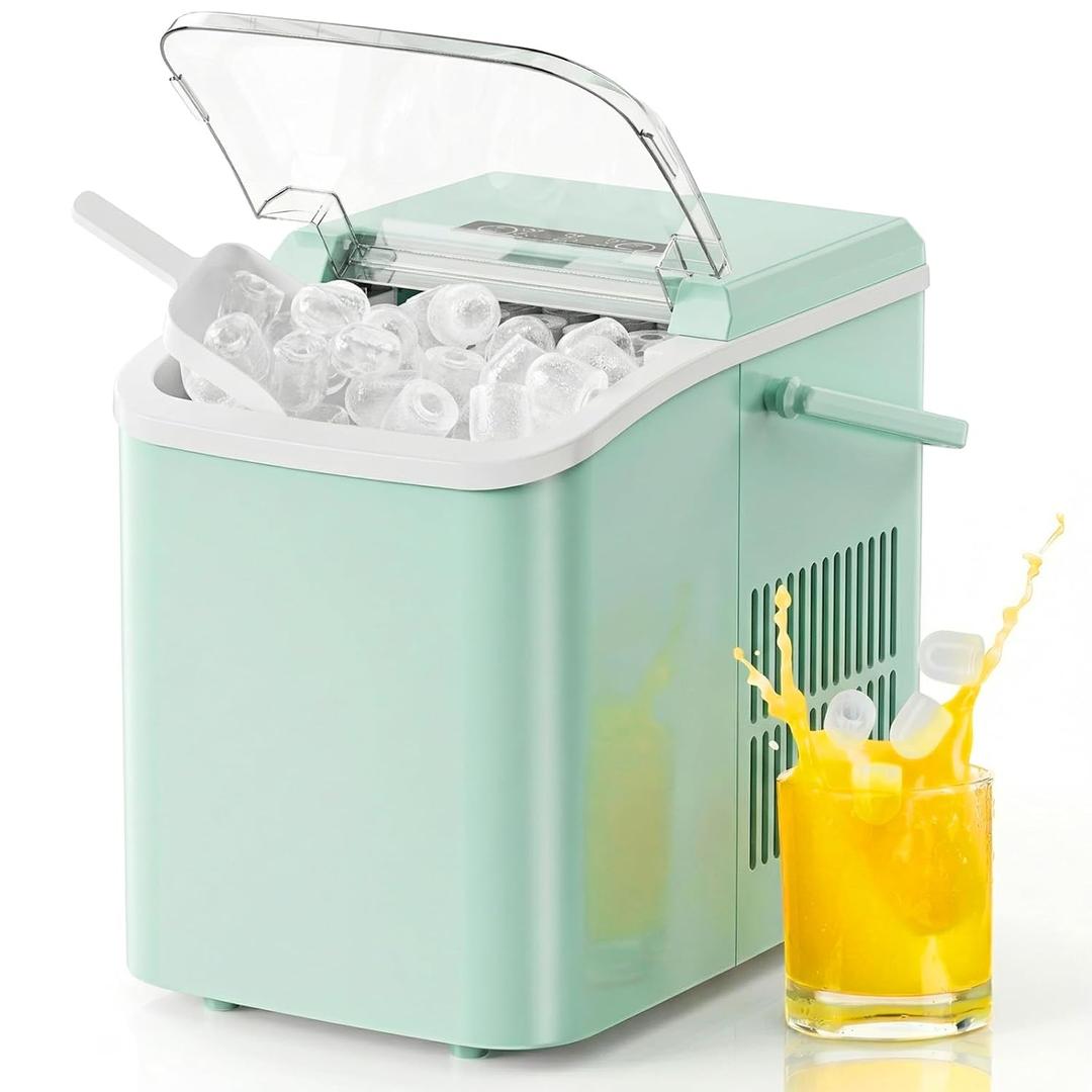 NEWBULIG Ice Makers Countertop with Handle, Portable Ice Machine, 9 Bullet Ice Cubes in 6 Mins, 26lbs in 24Hrs, Auto-Cleaning, with Basket and Scoop, for Home, Kitchen, RV, Camping, Green (12.5"*11.6"*8.8")