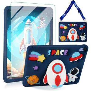 ACEMO for iPad 10th Generation Case 10.9 inch 2022 with Screen Protector, Kickstand, Shoulder Strap Cute Rocket Silicone Protective Cover for Kids Girls for iPad 10th Gen 2022, Blue