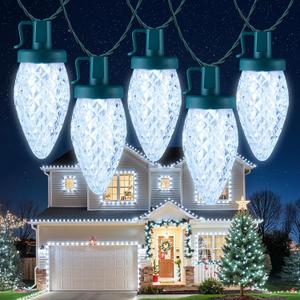 Minetom C9 Christmas Lights Outdoor, 100FT 100 LED Waterproof Strawberry String Lights, UL Certified, Connectable Green Wire Lights String for Outdoor Indoor Patio Party Roofline Backyard Xmas Decor (Pure White)