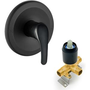 Matte Black Round Shower Handle Valve Brass Single Function Shower Mixer Control Valve with Male Thread Bathroom Trim Kit, Wall Mounted