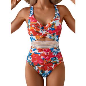 B2prity One Piece Swimsuit for Women Tummy Control V Neck Bathing Suit Color Block High Waisted Cutout Swimwear, Red Floral , Large