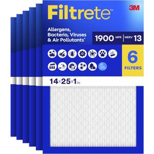 Filtrete 14x25x1 Air Filter, MERV 13 MPR 1900, Allergens, Bacteria, Viruses & Air Pollutants, 3-Month AC/Furnace Filters, Cleaner Air Reliable Airflow, 6 HVAC Filters(Act Size 13.62x24.62x0.78 in)