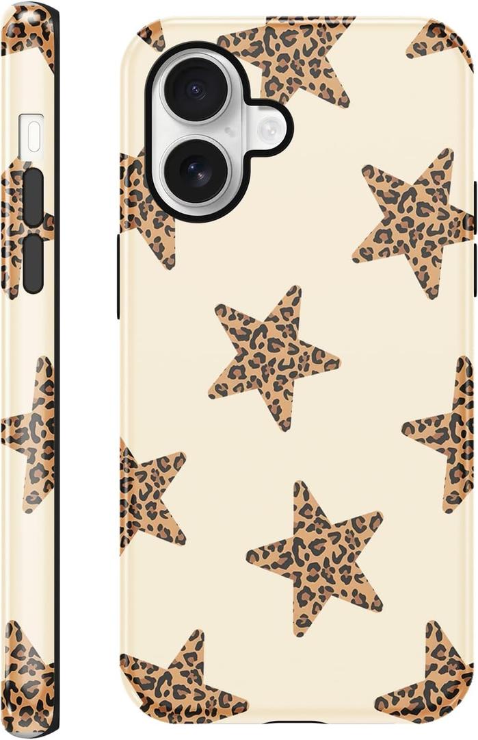 Cute Y2K Star Phone Case for iPhone 16 Cheetah Print Beige Case 6.1", Aesthetic Cool Leopard Pattern 2-in-1 Glossy Cover Shockproof Slim Soft TPU Hard PC Protection Girls Women Funda