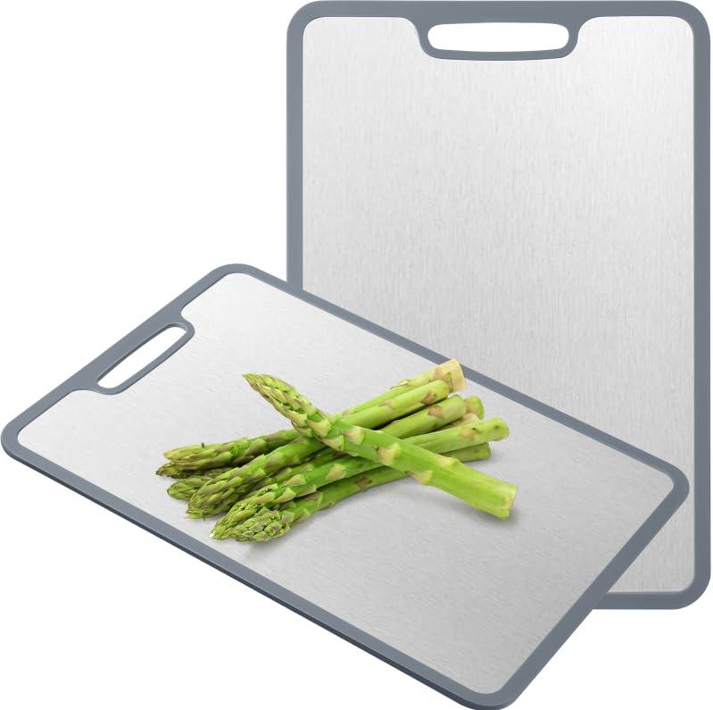 Stainless Steel Cutting Board for Kitchen - Dishwasher Safe With Silicone Edge - Non Slip .304 Stainless Steel Double Sided Cutting Board Perfect Size14x10inch