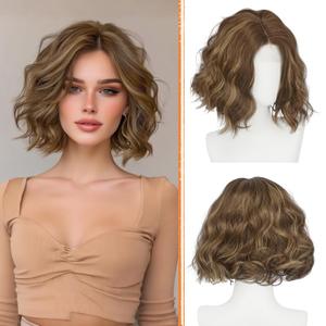 Haloo Brown Bob Wig for Women Lace Front Hairline Short Soft Wavy Curly Natural Looking Middle Part Synthetic Hair Wigs for Daily Party, 11 Inch Blonde Mixed Brown