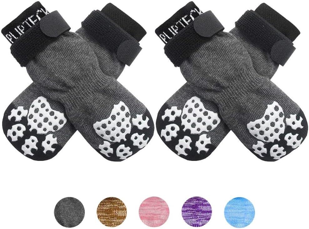 PUPTECK Anti-Slip Dog Socks with Double Sides Grips for Small Medium Large Dogs Hardwood Floors Prevents Licking, Dog Shoes for Hot Pavement Traction Control Paw Protector for Senior Dogs, Grey L (Large (4 Count))
